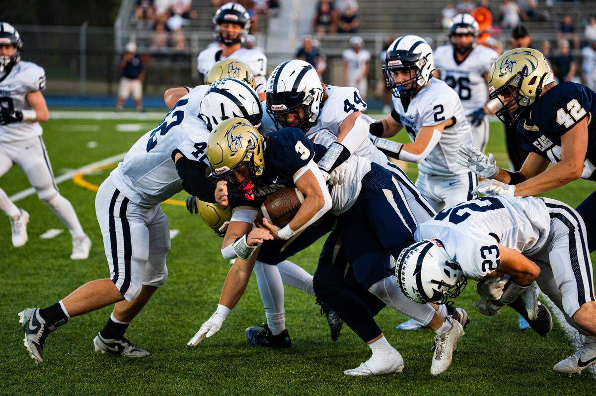 Wide receiver Gradyn Fisher (3) runs right up the middle during a Friday night football game between Philipsburg-Osceola and Bald Eagle Area in Wingate, Pa., on Friday, Sept. 19, 2025. The Eagles beat the Mountaineers 21-14.
