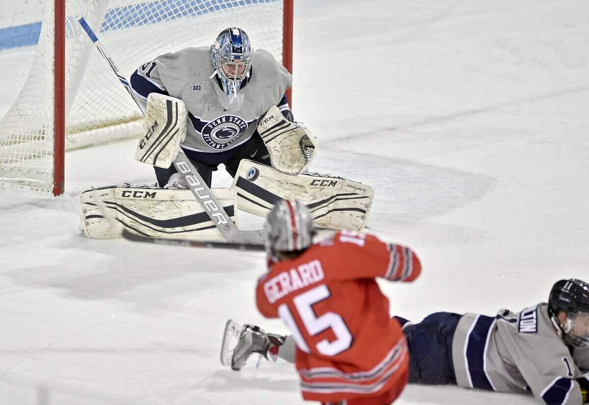 Penn State goalie Peyton Jones stops a shot on goal by Ohio State’s Freddy Gerard during a 2017 game at Pegula Ice Arena.