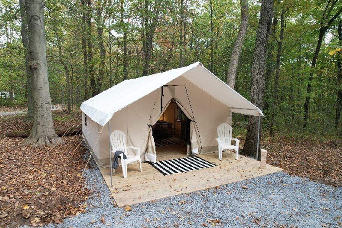 The Pennsylvania Department of Conservation and Natural Resources (DCNR) announced Tuesday that it partnered with Timberline Glamping Company to add 61 glamping sites across eight state parks throughout the Commonwealth, including in Centre County’s own Poe Valley. The tent in the photo was shown during a press conference at French Creek State Park and was there to show onlookers what a typical glamping tent looks like.