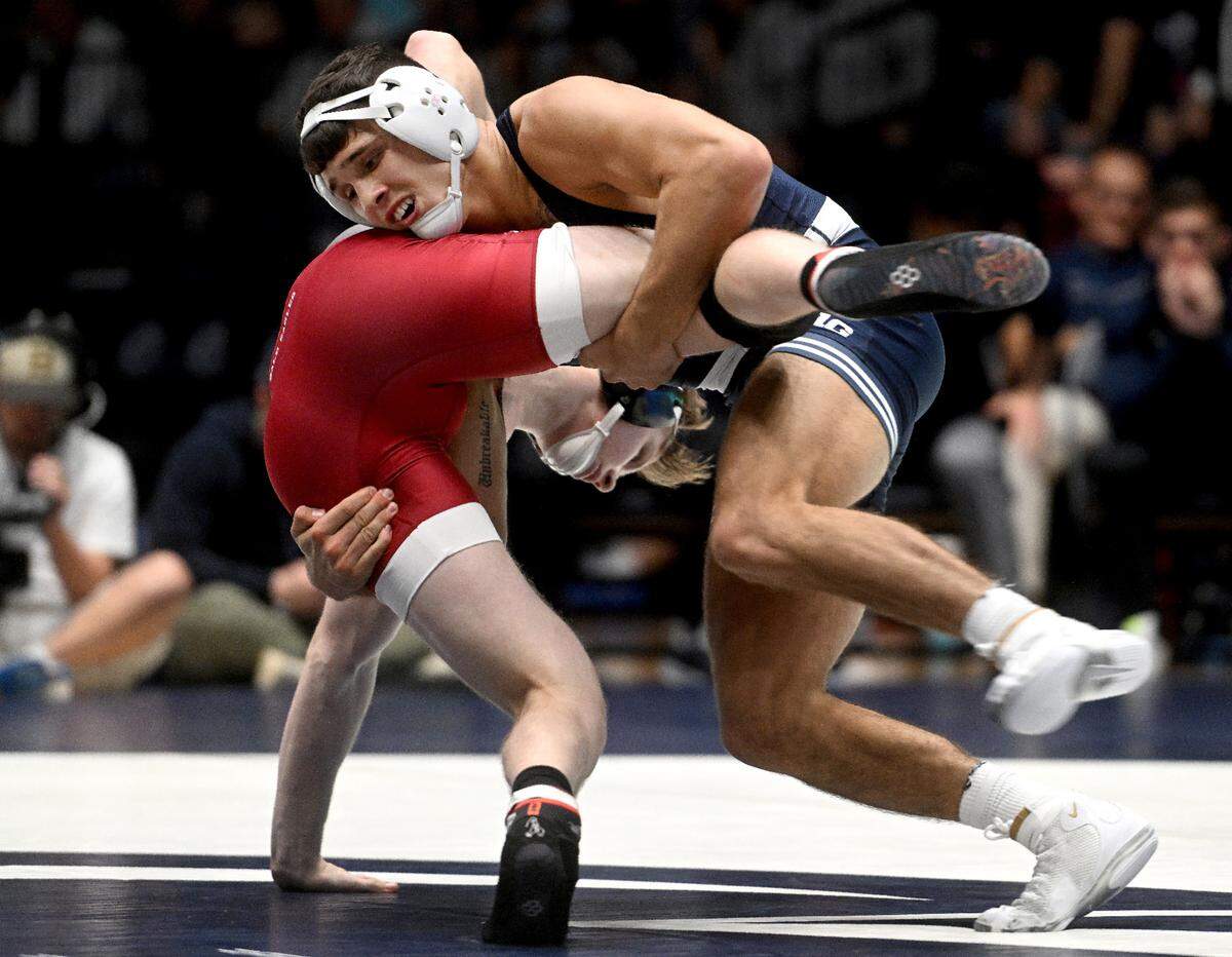 Penn State’s Alex Facundo controls Lock Haven’s Aiden Gaugler in the 165 lb bout of the match on Friday, Nov. 11, 2022.