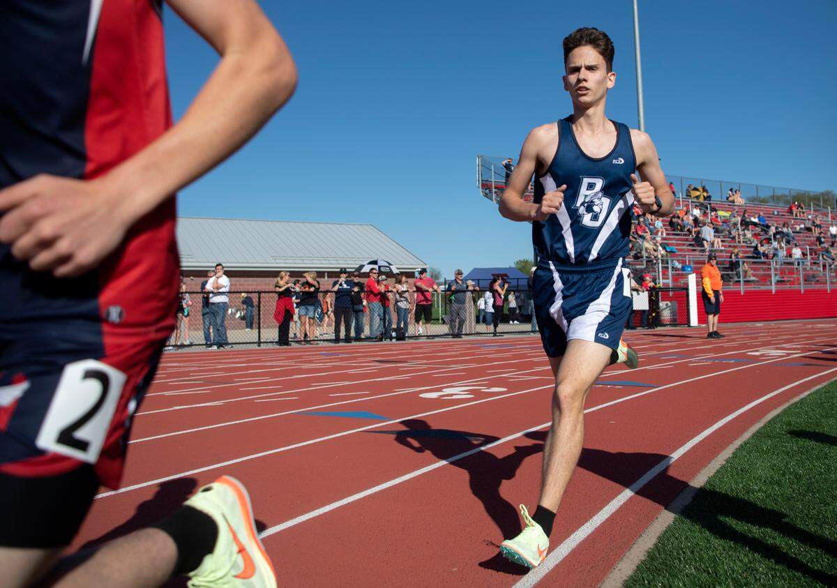 Philipsburg-Osceola’s Chad Muckey competes in the 1600 meter run during the Mountain League Track and Field championships on Tuesday, May 10, 2022.