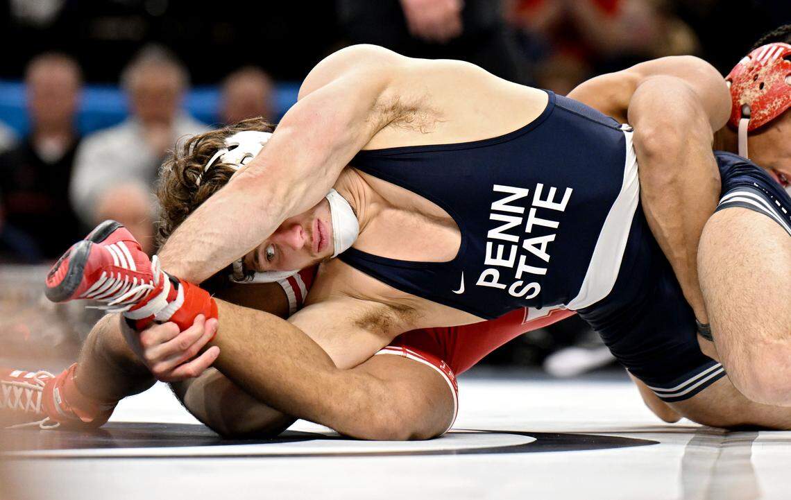 Penn State's Levi Haines wrestles Nebraskas’ Christopher Minto in the 174-pound championship bout at the Big Ten Wrestling Championships on Sunday, March 8, 2026.