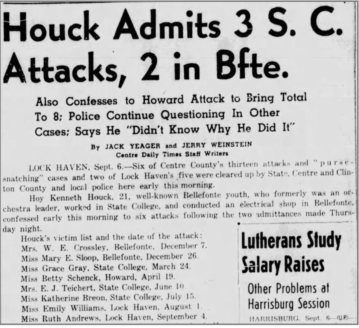 A Centre Daily Times article about Hoy Houck from Sept. 6, 1941 is pictured.