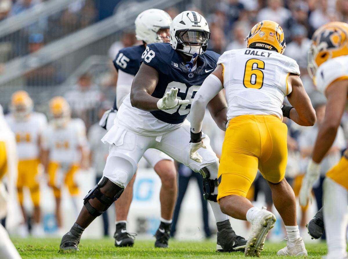 Penn State offensive lineman Anthony Donkoh blocks Kent State’s Stephen Daley during the game against Kent State on Saturday, Sept. 21, 2024 at Beaver Stadium.