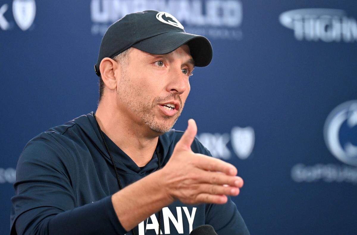 Penn State football coach Matt Campbell talks about defensive players during a press conference on the first day of spring football on Tuesday, March 24, 2026.  
