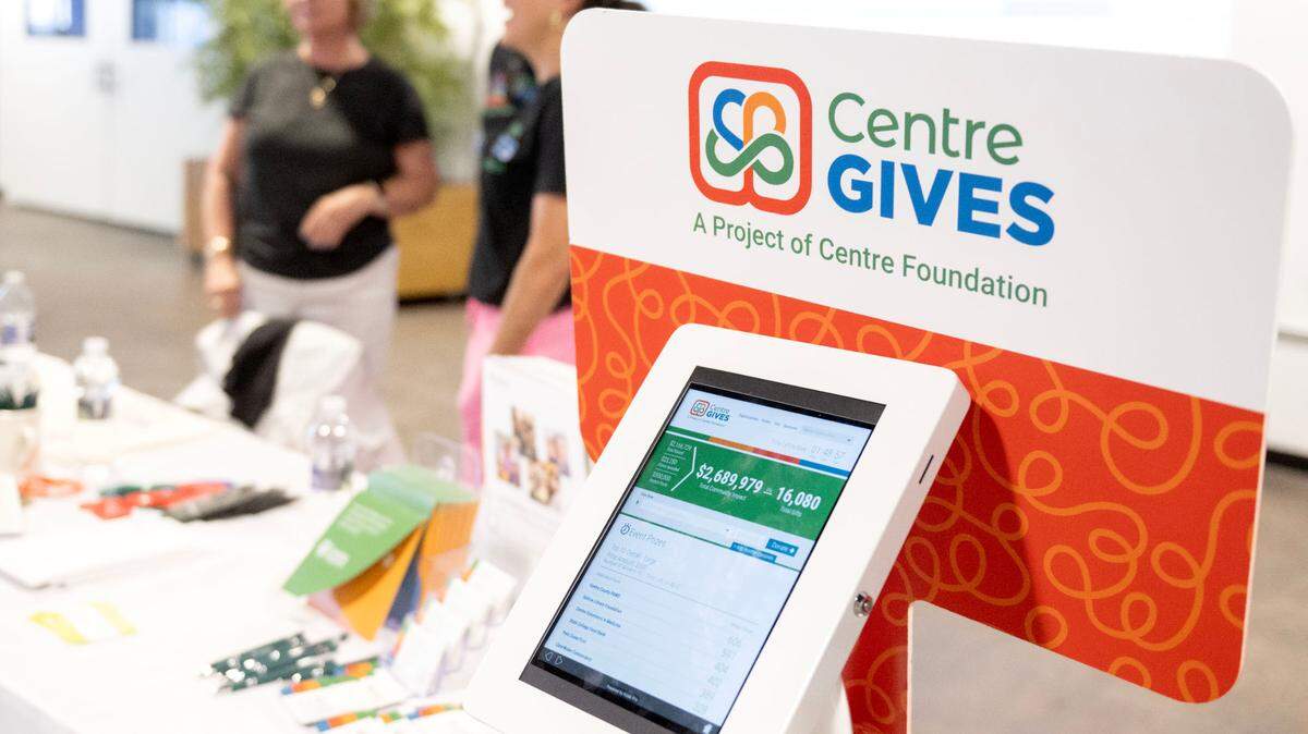 The amount donated to local nonprofits is displayed on a screen at a donation kiosk during Centre Gives Fest on Thursday, May 15, 2025 at Brass 16823.