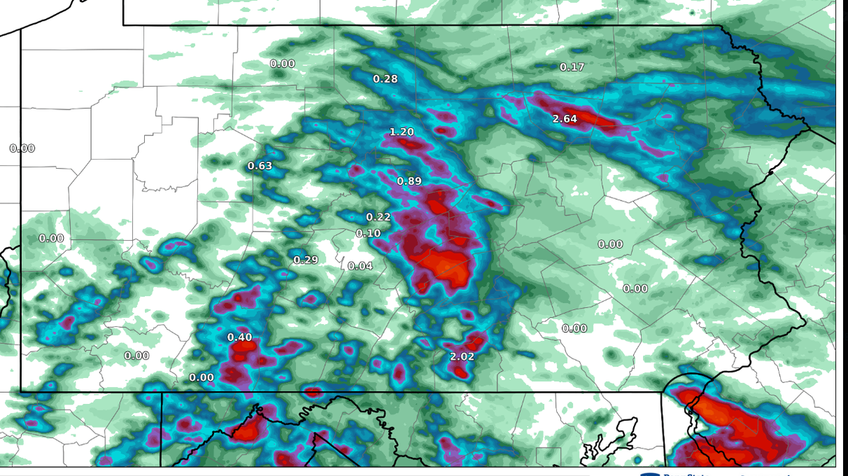 A map shows rainfall amounts in Pennsylvania on Thursday.