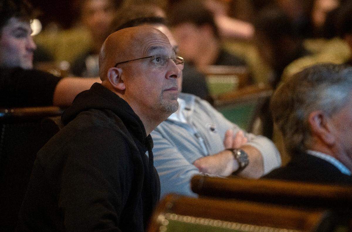 Penn State football coach James Franklin watches a video about the Lawry’s Beef Bowl on Friday, Dec. 30, 2022.
