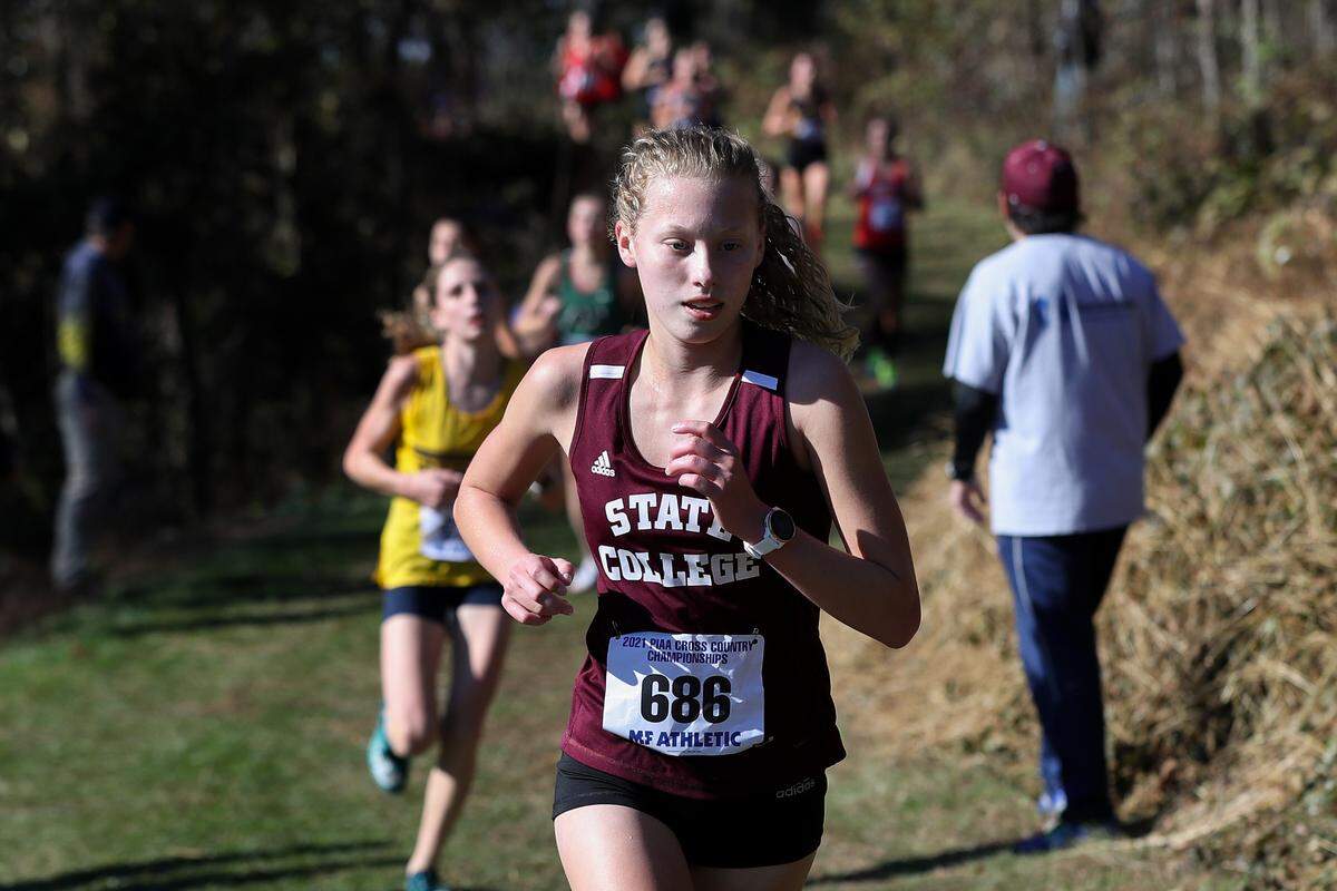 State College’s Amy Devan competes in the girls 3A race of the PIAA State Cross Country Championships held Saturday at Parkland Cross Country Course in Hershey, PA.Matthew O’Haren/For the Centre Daily Times