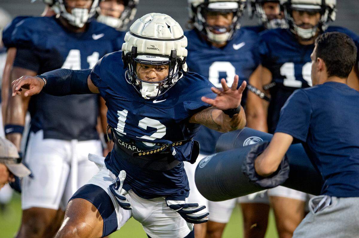 Penn State linebacker Brandon Smith runs a drill during practice on Wednesday, Aug. 25, 2021 in Beaver Stadium.