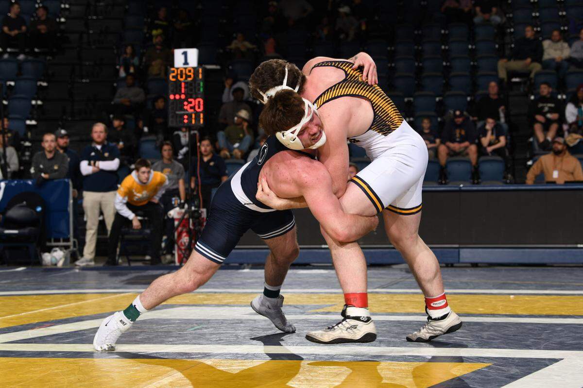 Penn State’s Zack Ryder looks to finish off a takedown of Northern Colorado’s AJ Heeg in their 184-pound finals match of the Southern Scuffle on Saturday in Chattanooga, Tenn. Ryder beat Heeg, 6-1, for the crown.