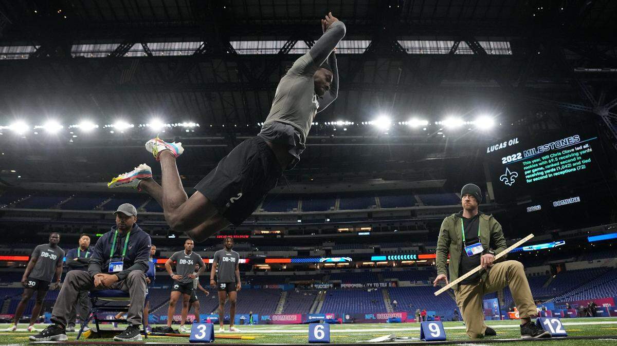 Penn State defensive back Joey Porter participates in drills during the NFL Scouting Combine at Lucas Oil Stadium on Friday, March 3, 2023.