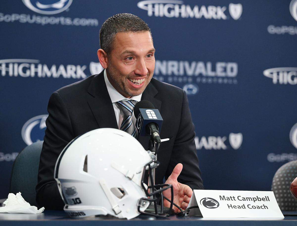 Penn State football head coach Matt Campbell responds to reporters' questions during his introduction at Beaver Stadium on Monday, Dec. 5, 2025.
