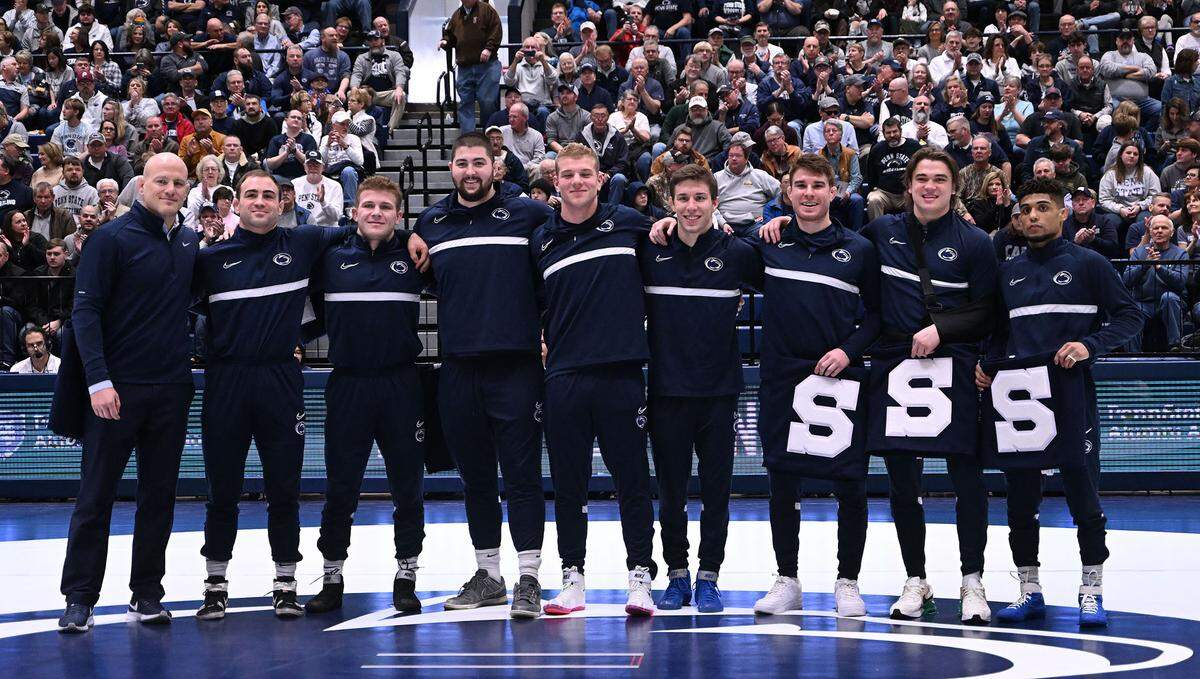 Penn State wrestling seniors at senior day prior to the match with Clarion.