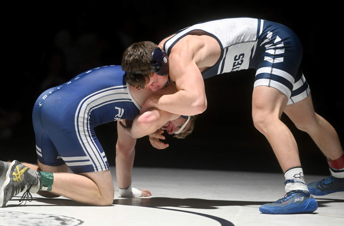 Penns Valley’s Chase Fleshman is controlled by Philipsburg-Osceola’s Nate Fleck in the 145 lb bout of the match on Tuesday, Jan. 31, 2023 as part of the the District 6 team tournament.