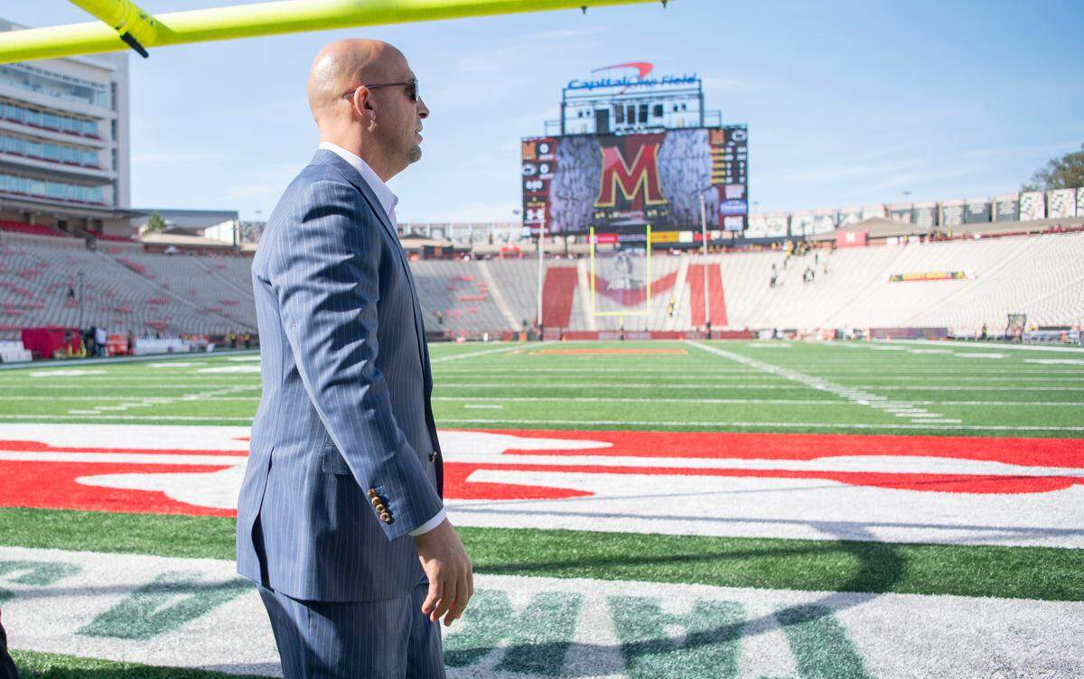 Penn State football coach James Franklin walks Capital One Field at Maryland Stadium before the game on Saturday, Nov. 6, 2021.