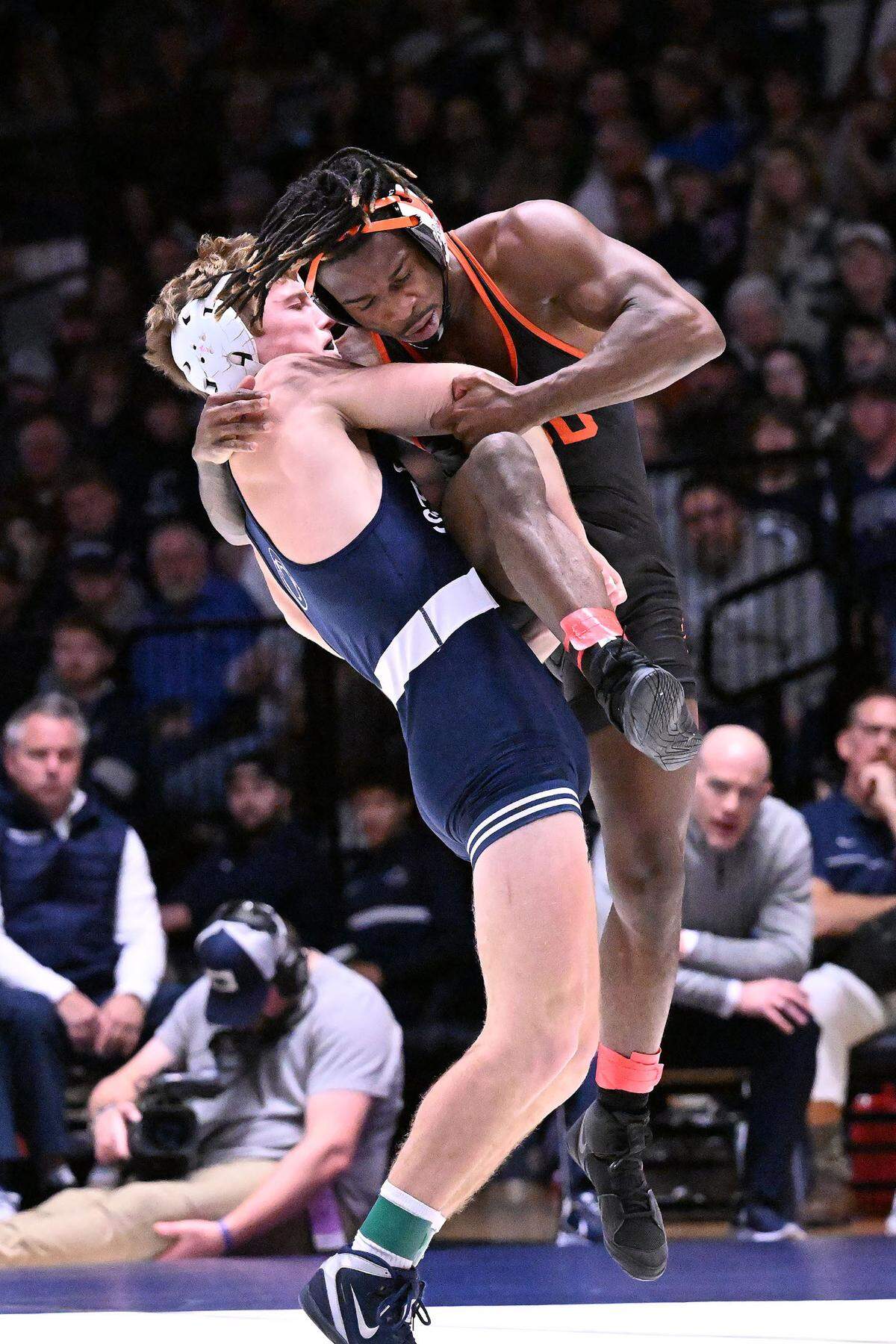 Penn State’s Terrell Barraclough (left) controls Oregon State’s Isaiah Crosby in the 157-pound bout on Sunday, Dec. 11, 2022 at Rec Hall in State College. Barraclough defeated Crosy, 8-4. Penn State defeated Oregon State, 31-3. (For the CDT/Steve Manuel)