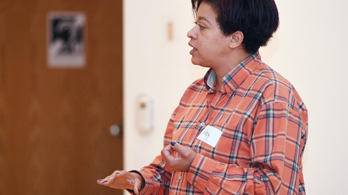 Mount Nittany Middle School teacher Kizzy Nicholas speaks during a Moms Demand Action for Gun Sense in America meeting Sunday, May 20, 2018 at Foxdale Village.