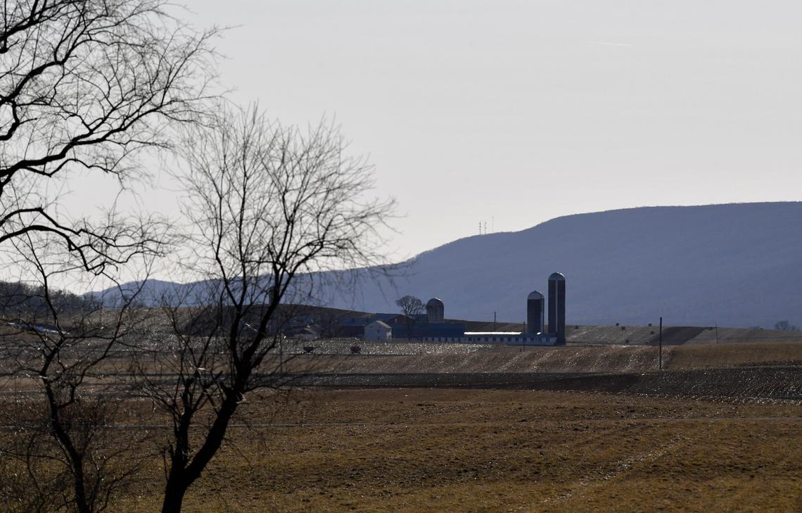 Cellphone and 911 towers can be seen in the distance on Centre Hall Mountain over the farmland of Madisonburg.