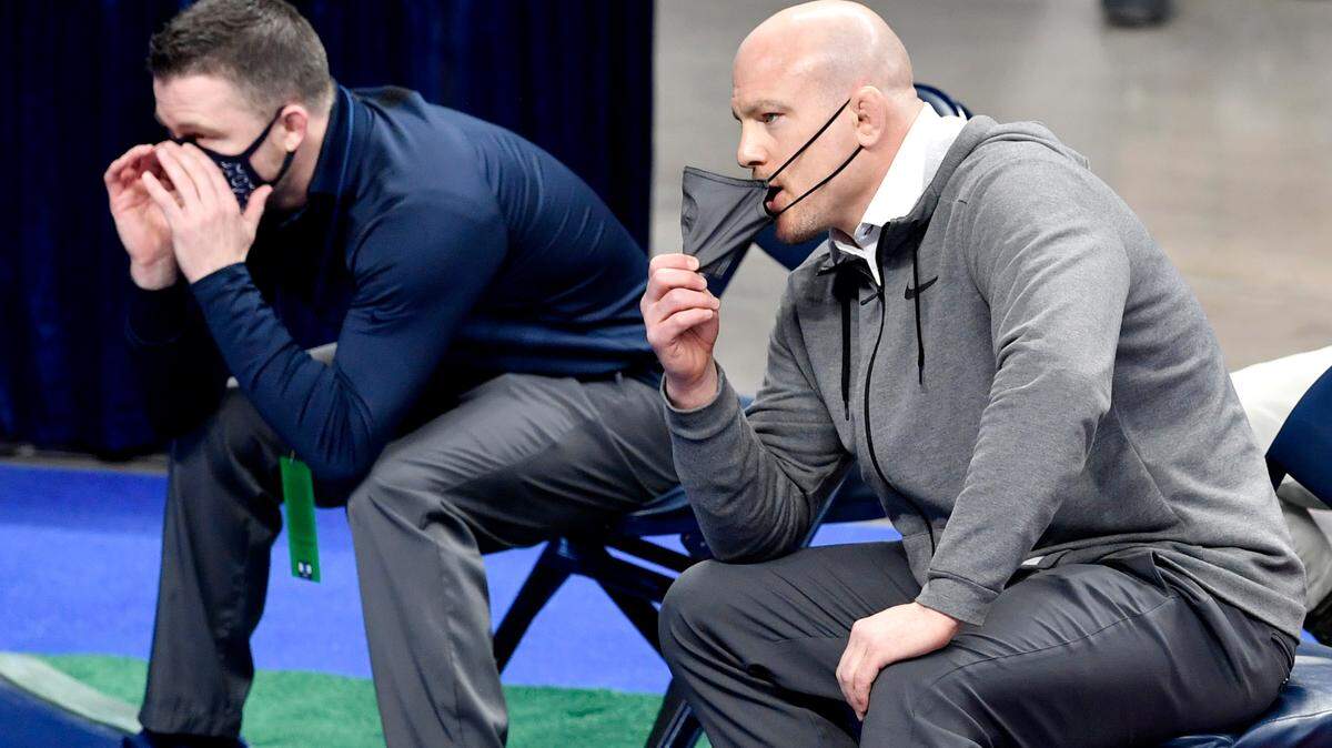 Penn State wrestling coach Cael Sanderson yells to freshman Robbie Howard as he wrestles in a 125 lb first round bout of the 2021 Big Ten Wrestling Championships at the Bryce Jordan Center on Saturday, March 6, 2021.