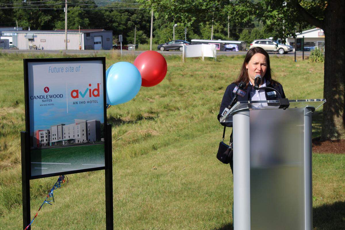 Centre County Commissioner Amber Concepcion speaks Friday at the dual-brand hotel’s groundbreaking along Benner Pike.