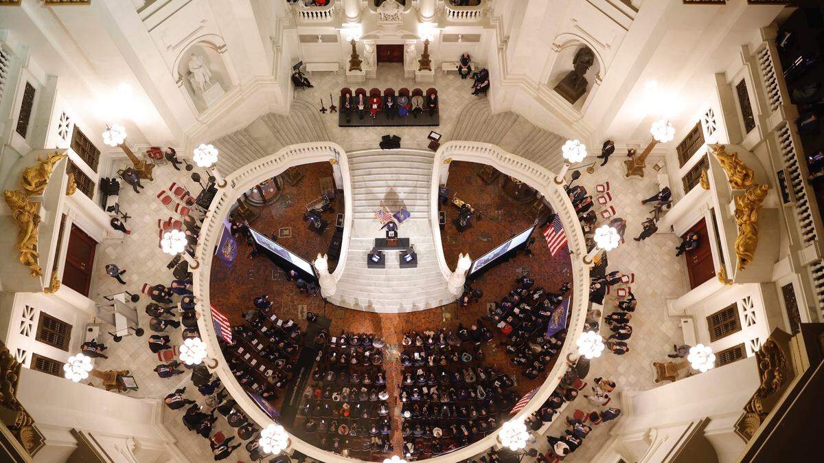 Gov. Josh Shapiro delivers his budget address in the Capitol rotunda on Feb. 6, 2024.
