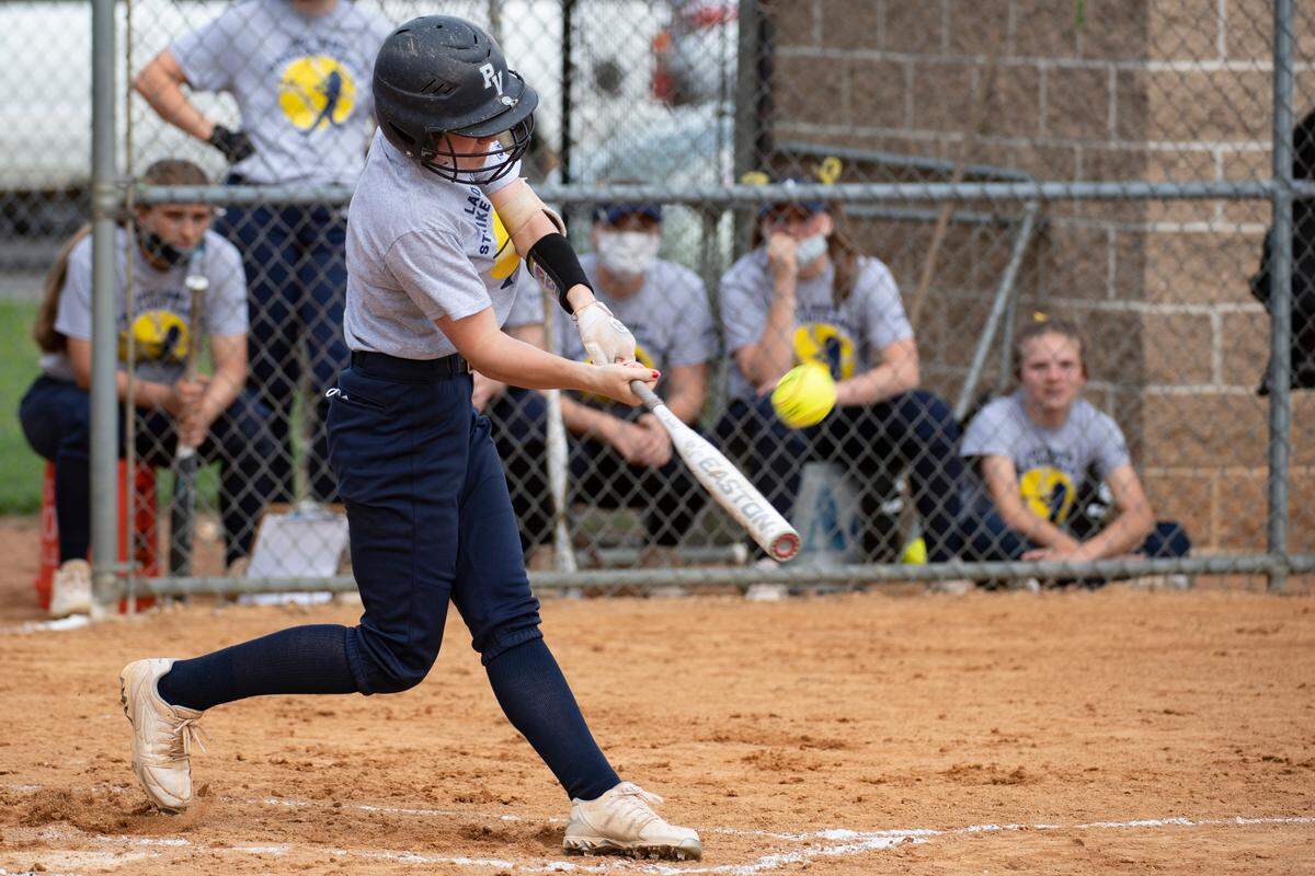 Allie O’Brien hits a ball during a high school softball game between Penns Valley and Huntingdon Area High School on, Tuesday, May 4, 2021 in Spring Mills, Pa.