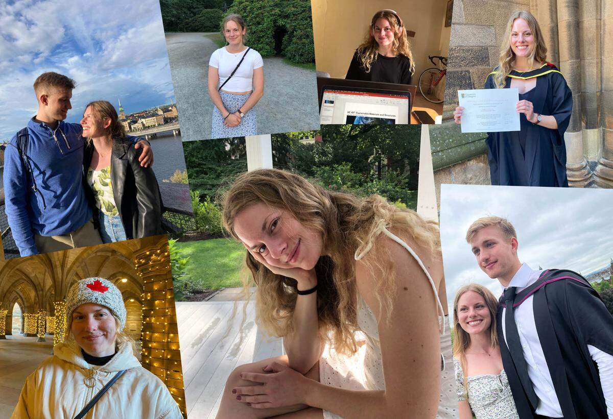 A collage of photos of Lovisa Arnesson-Cronhamre, some with her fiancé Matthew Hollingham. 