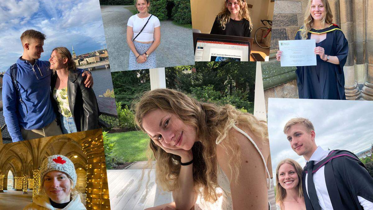A collage of photos of Lovisa Arnesson-Cronhamre, including some with her boyfriend Matthew Hollingham.