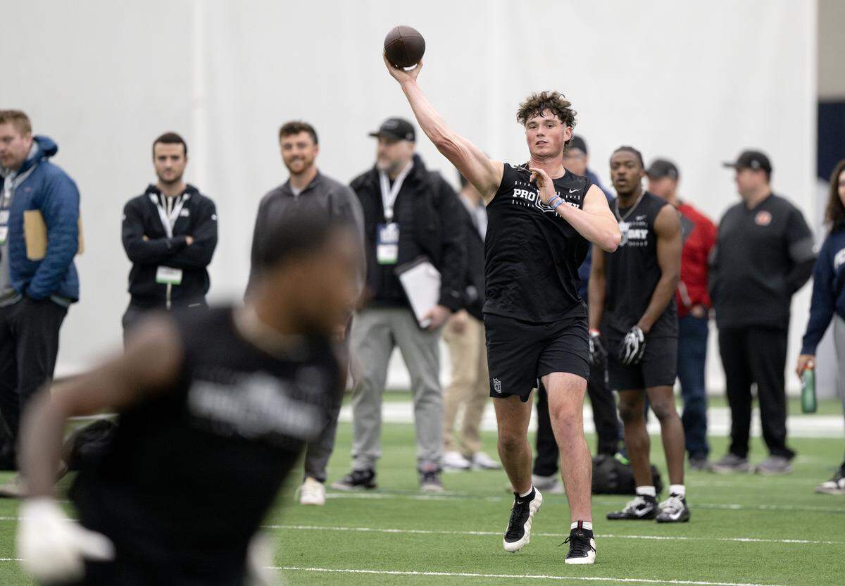 QB Drew Allar makes a pass during Penn State Pro Day on Wednesday, March 18, 2026.  