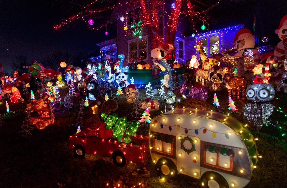 Jimmy and Sheri Vuccolo’s yard on Shamrock Avenue is turned into a holiday wonderland in 2021, full of light up characters and inflatables.