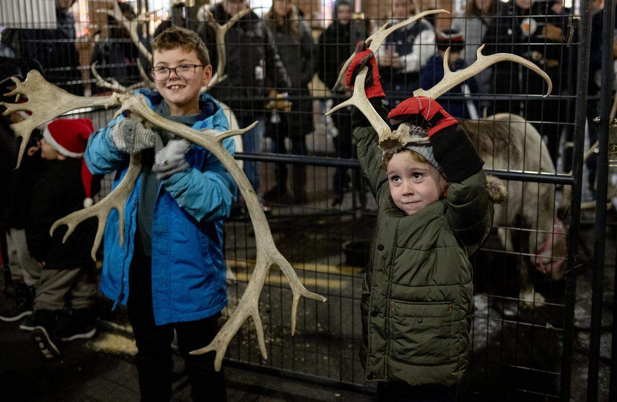 Micah and Bennett Dalton see how heavy reindeer antlers are from Spruce Ridge Reindeer during the State College Downtown Improvement Districts’ Light Up Night on Thursday, Nov. 20, 2025.  Visitors 