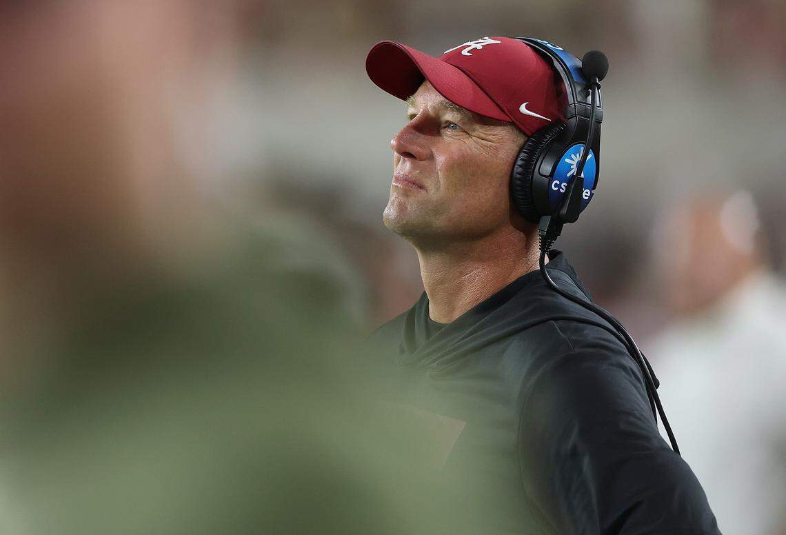 TUSCALOOSA, ALABAMA - NOVEMBER 08:  Head coach Kalen Deboer of the Alabama Crimson Tide looks on against the LSU Tigers during the third quarter at Bryant-Denny Stadium on November 08, 2025 in Tuscaloosa, Alabama. (Photo by Kevin C. Cox/Getty Images)