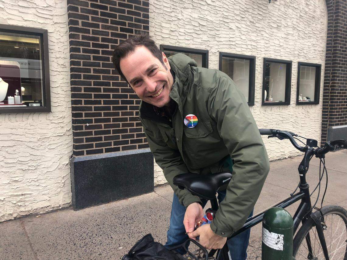 Soon-to-be State College Mayor Ezra Nanes, who counts building bike infrastructure as one of his priorities, unchains his bicycle after a Q&A downtown with the Centre Daily Times.
