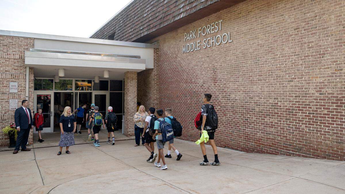 Students arrive for the first day of school at Park Forest Middle School on Aug. 22, 2023. The State College Area School District board will decide how to update the 53-year-old building.