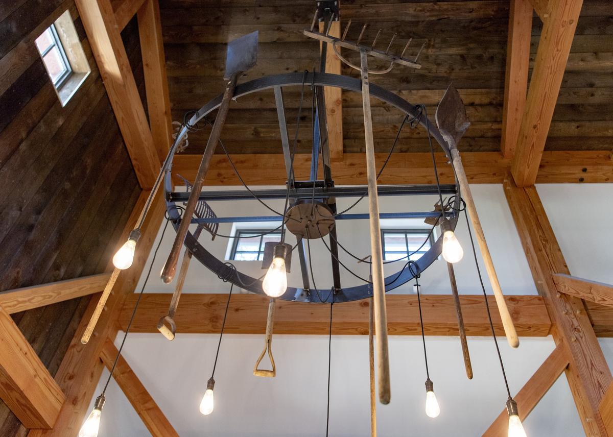 The “shovelier” in RE Farm Cafe.  Items from around the community were repurposed throughout the cafe, including hard wood floor in the front entry from State High’s old stage.