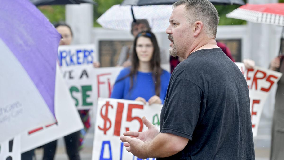 Dan Long from the Communications Workers of America Local 13000 shares some stories during the Raise the Wage rally outside of the Centre County Courthouse in Philadelphia in this file photo from June 17, 2019.