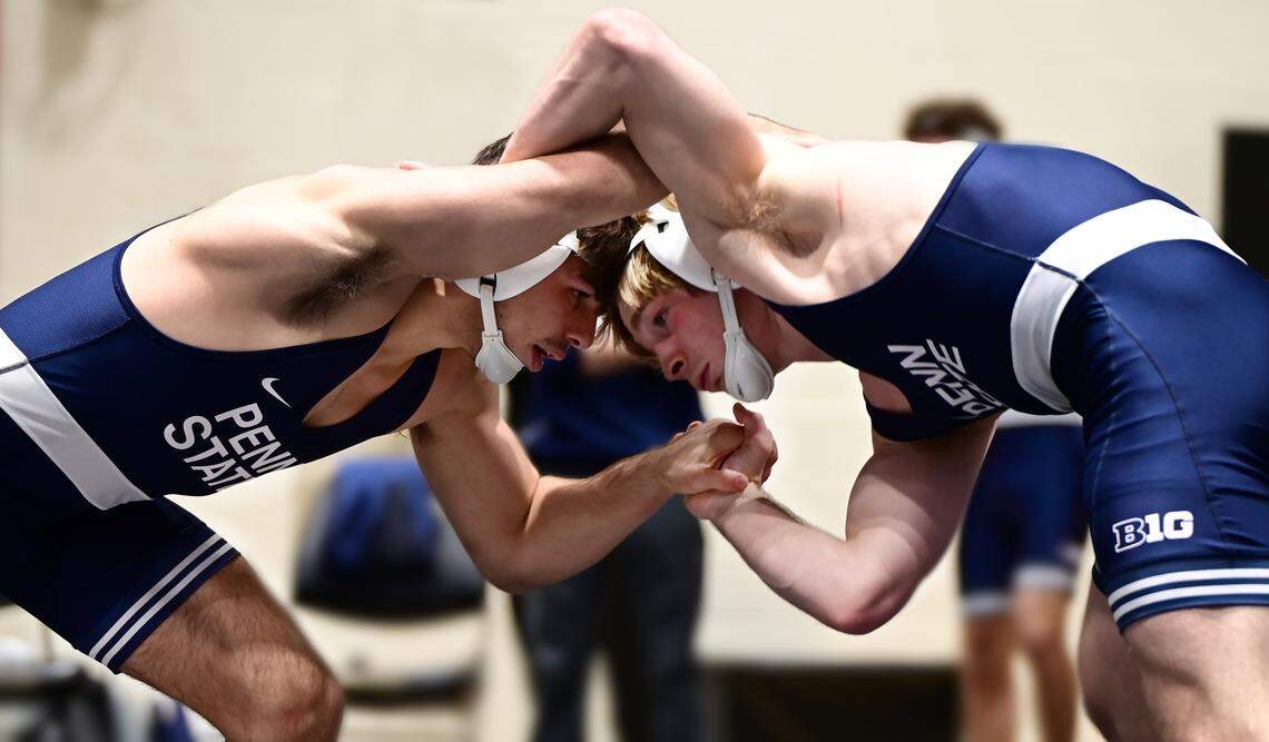 Penn State’s PJ Duke, left, battles for positioning with teammate Joe Sealey in their 157-pound finals match of the Black Knight Invitational on Sunday, Nov. 23, 2025 in West Point, NY. Duke topped Sealey, 2-1.