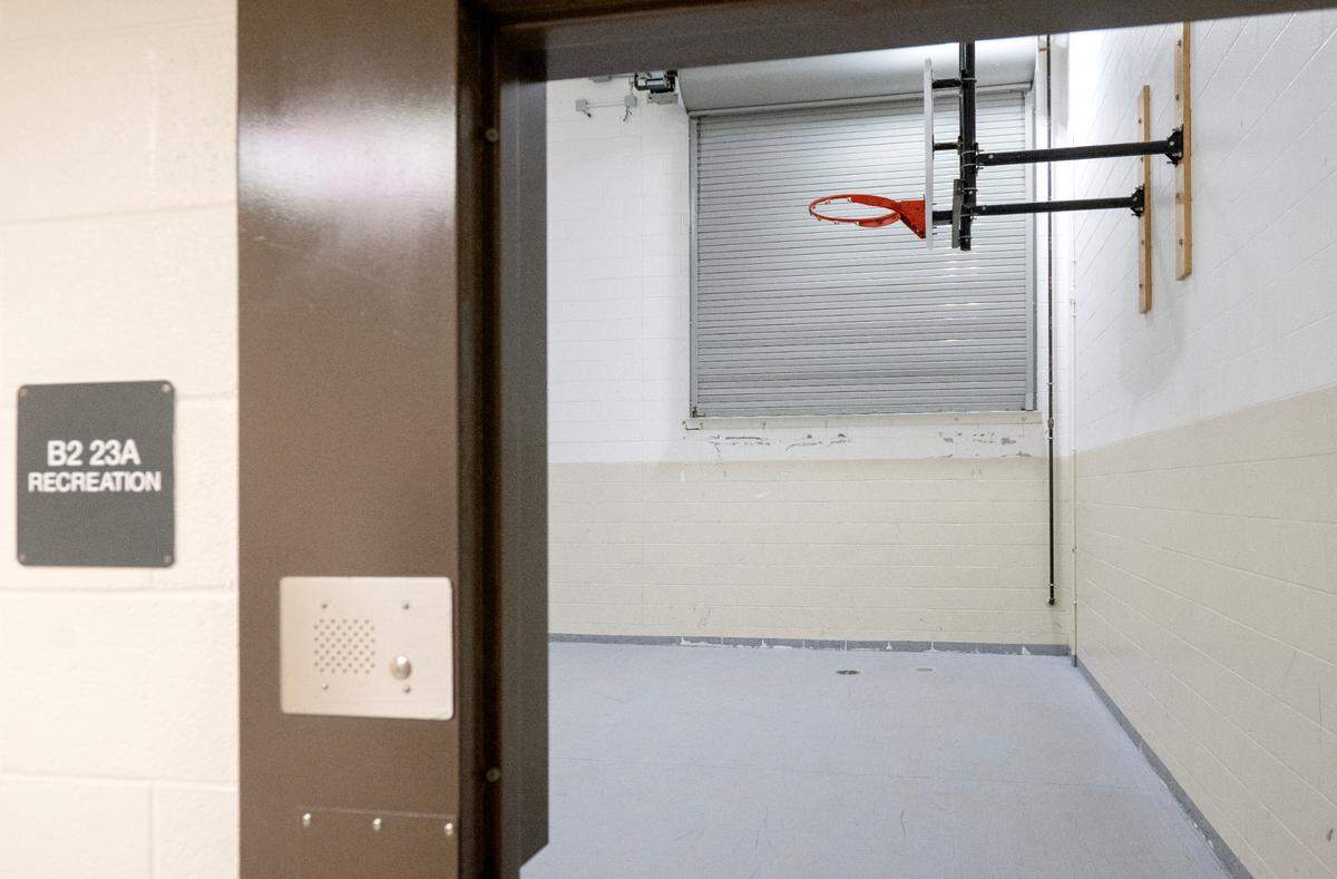 A door covers the window that allow sunlight and fresh air into one of the outdoor recreation yards at the Centre County Correctional Facility on Wednesday, Jan. 22, 2025. Inmates can request the door to be open or closed.