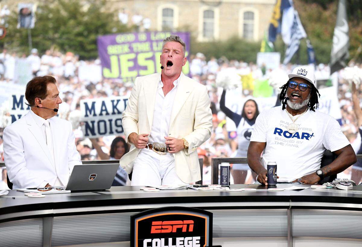 Pat McAfee does the “We Are” chant after picking Penn State to beat Oregon during ESPN’s College GameDay on Saturday, Sept. 27, 2025.