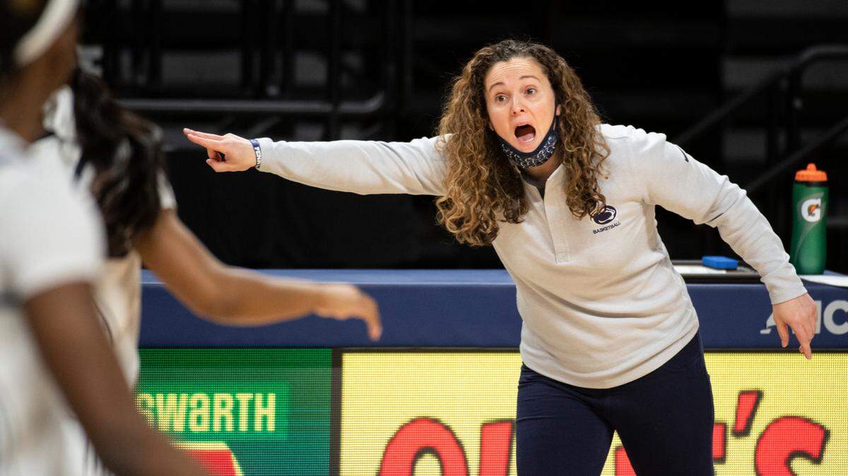 Penn State head coach Carolyn Keiger yells to her team during the Lady Lions’ game against No. 15 Ohio State at the Bryce Jordan Center on Feb. 24, 2021. Penn State lost to Michigan State on Wednesday in the first round of the Big Ten Tournament.