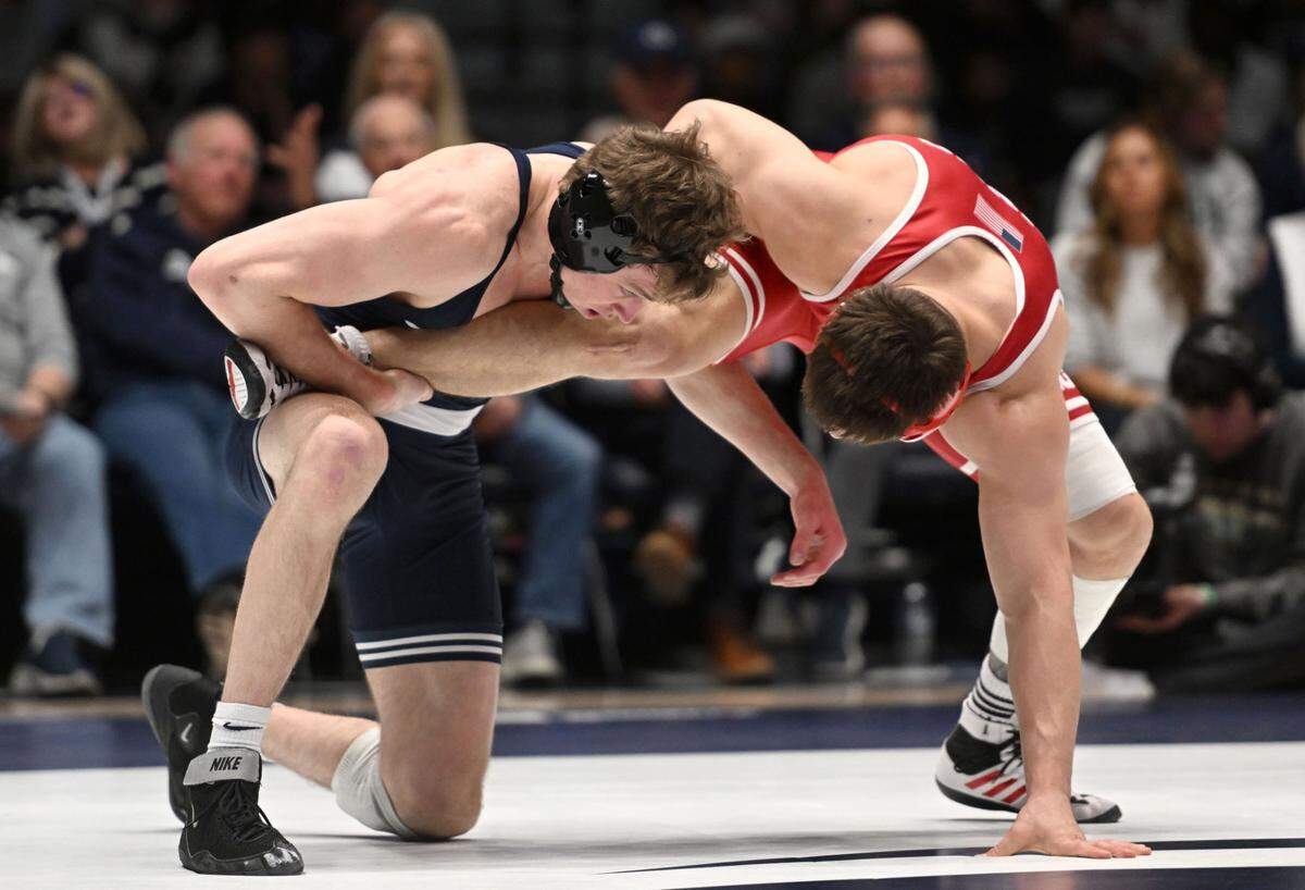 Penn State’s Bernie Truax wrestles Nebraska’s Lenny Pinto in the 184 lb bout of the match on Sunday, Feb. 18, 2024 in Rec Hall.