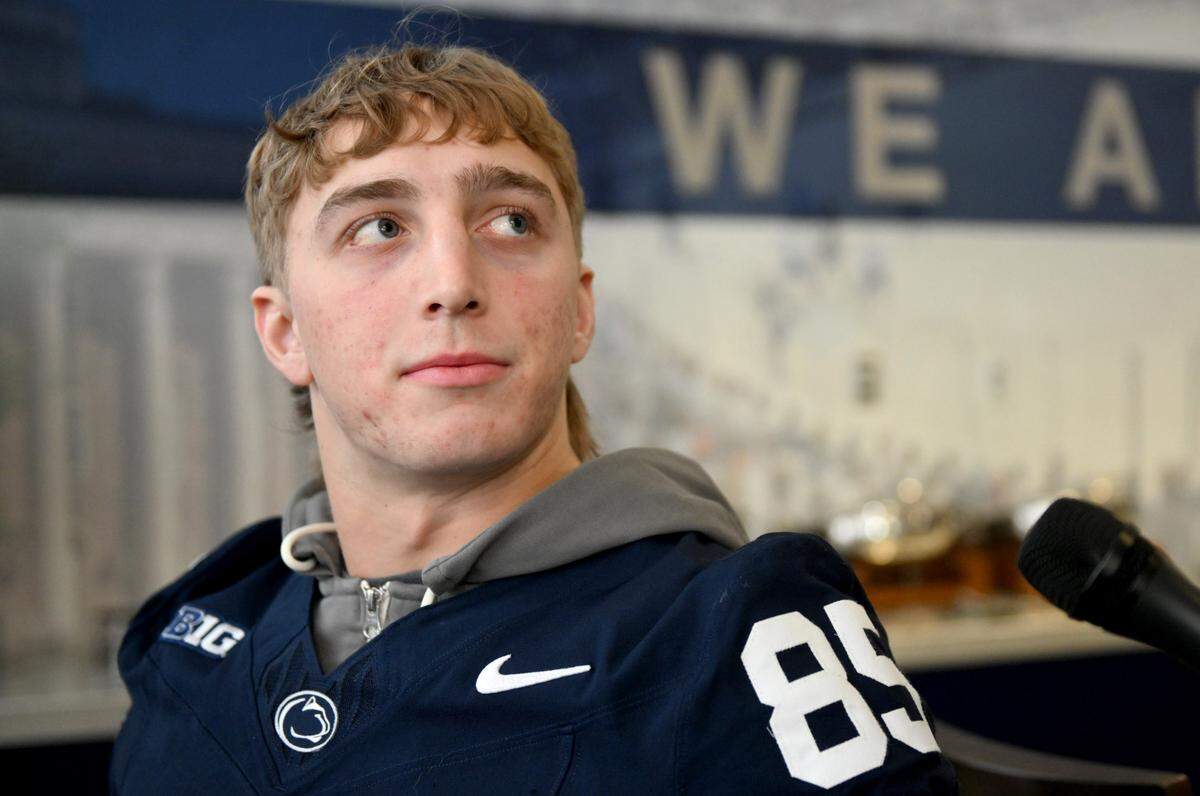 Penn State tight end Luke Reynolds answers questions during a media availability on Tuesday, Feb. 11, 2025.