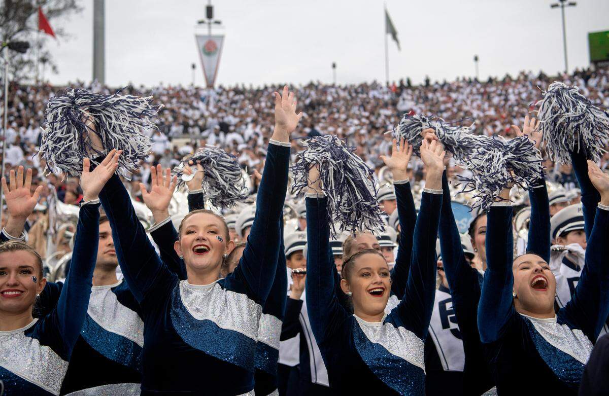 The Penn State Blue Band silks cheer during the Rose Bowl game against Utah on Monday, Jan. 2, 2023.
