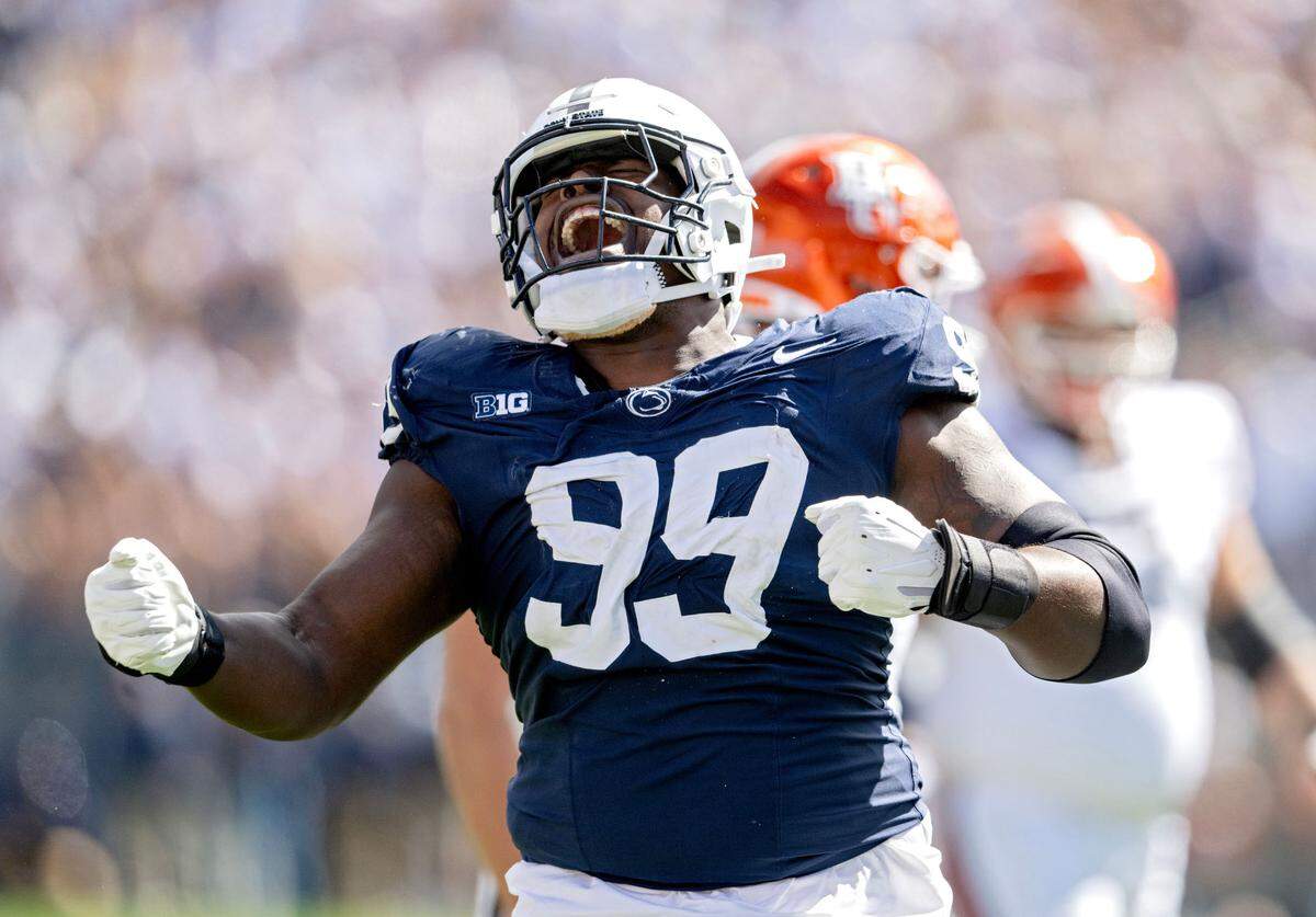 Penn State defensive tackle Coziah Izzard celebrates a play during the game against Bowling Green on Saturday, Sept. 7, 2024.