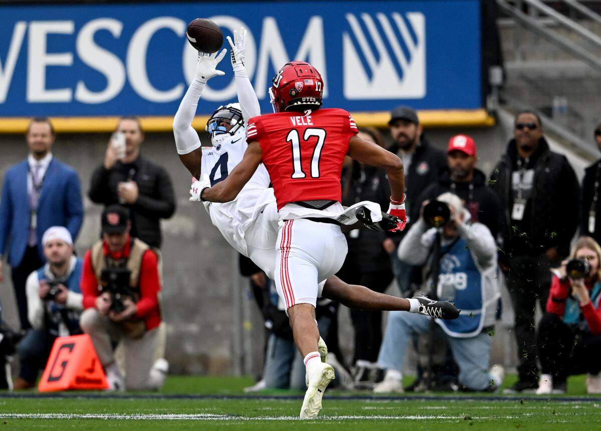 Penn State cornerback Kalen King intercepts the ball meant for Utah’s Devaughn Vale during the Rose Bowl game on Monday, Jan. 2, 2023.
