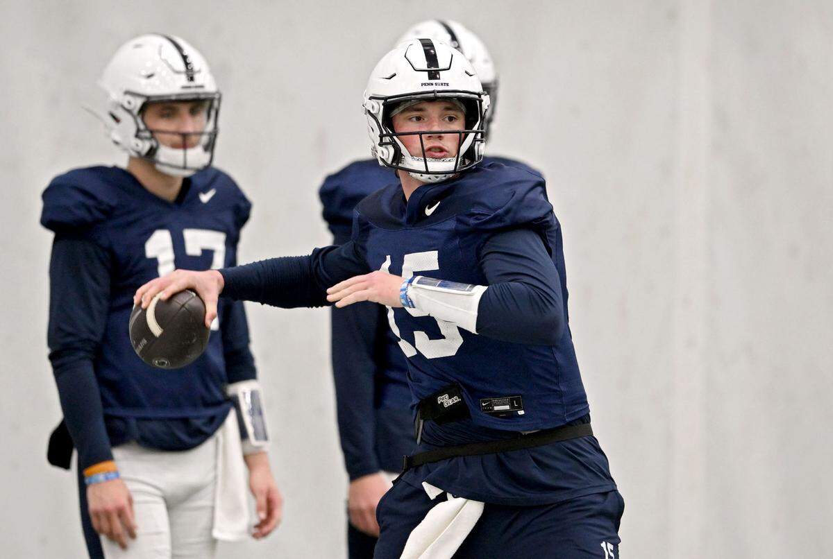 Penn State quarterback Drew Allar makes a pass during practice on Friday, Dec. 27, 2024 at Holuba Hall as the team prepares for the Fiesta Bowl.
