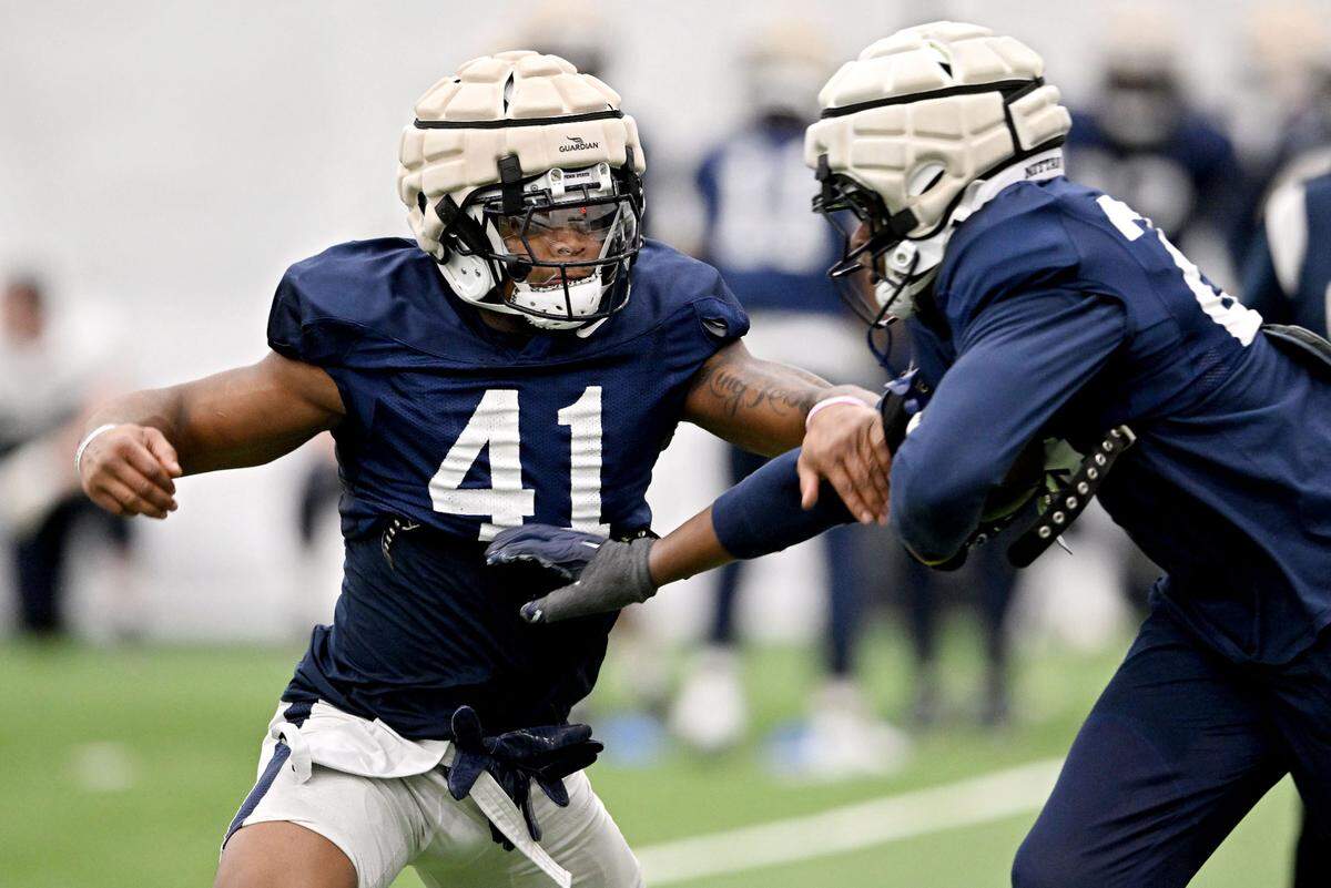 Penn State linebacker Kobe King runs a drill during practice on Friday, Dec. 27, 2024 at Holuba Hall as the team prepares to travel to Arizona for the Fiesta Bowl.
