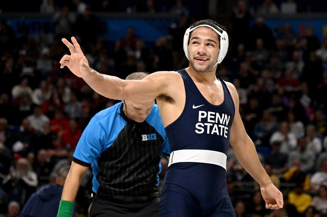 Penn State's Shayne Van Ness motions to the crowd after beating Michigan’s Lachlan McNeil in the 149-pound semifinal bout at the Big Ten wrestling championships on Saturday, March 7, 2026 at the Bryce Jordan Center. 