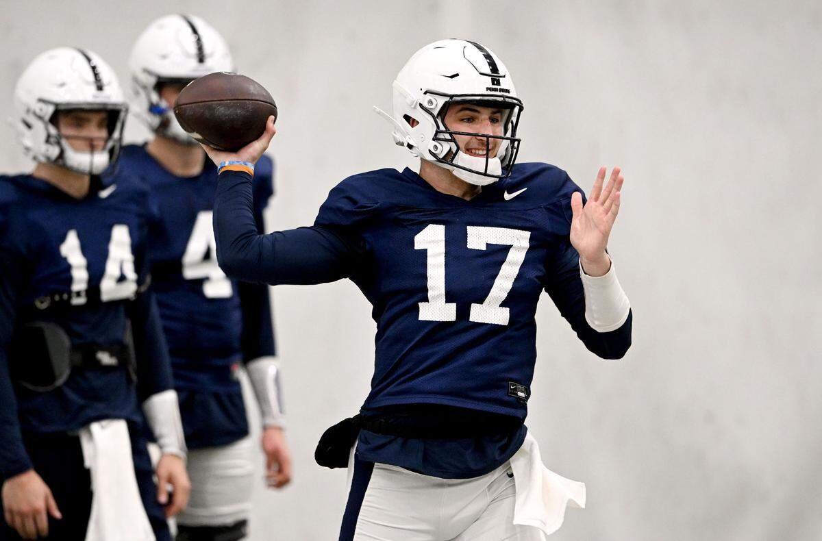 Penn State quarterback Ethan Grunkemeyer makes a pass during practice on Friday, Dec. 27, 2024 at Holuba Hall as the team prepares for the Fiesta Bowl.